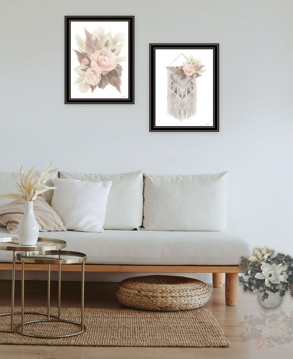 HomeRoots Set of Two Bohemian Macrame & Floral Art Prints in Black Frames for Stylish Home Décor Refresh 568538