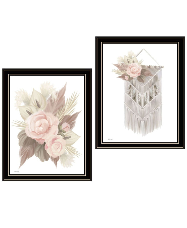 HomeRoots Set of Two Bohemian Macrame & Floral Art Prints in Black Frames for Stylish Home Décor Refresh 568538