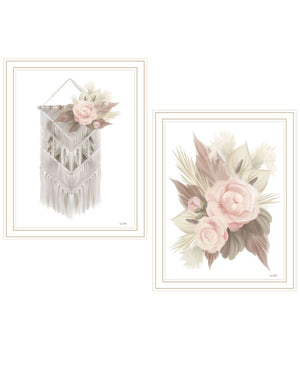 HomeRoots Set of Two Bohemian Macrame & Floral Wall Art Prints in Elegant White Frames for Modern Decor 568539