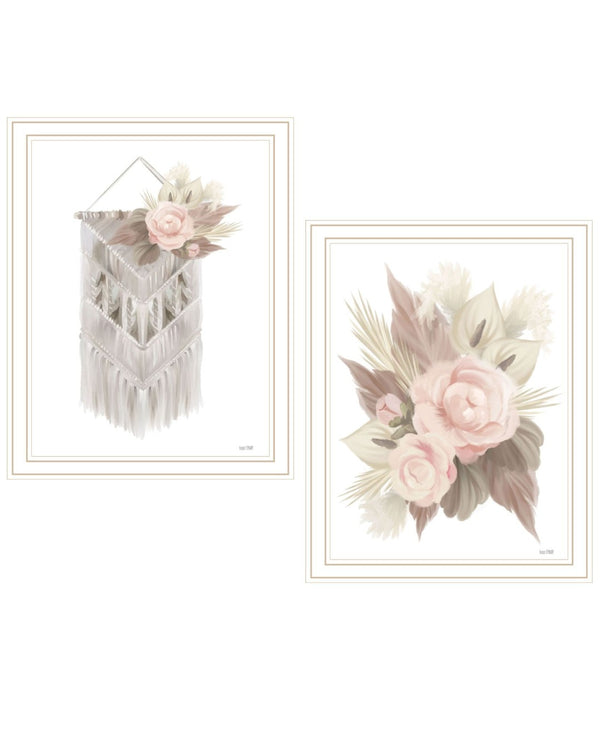 HomeRoots Set of Two Bohemian Macrame & Floral Wall Art Prints in Elegant White Frames for Modern Decor 568539