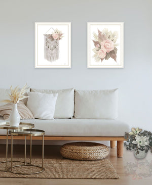 HomeRoots Set of Two Bohemian Macrame & Floral Wall Art Prints in Elegant White Frames for Modern Decor 568539