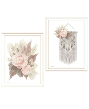 HomeRoots Set of Two Bohemian Macrame & Floral Wall Art Prints in Elegant White Frames for Modern Decor 568539