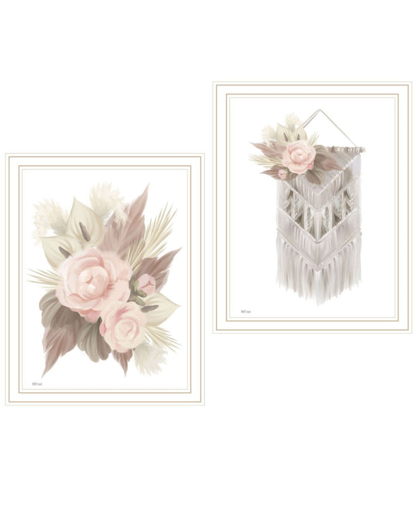 HomeRoots Set of Two Bohemian Macrame & Floral Wall Art Prints in Elegant White Frames for Modern Decor 568539