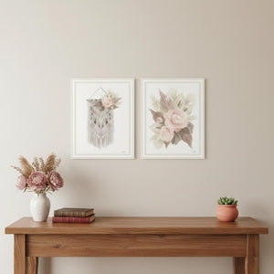 HomeRoots Set of Two Bohemian Macrame & Floral Wall Art Prints in Elegant White Frames for Modern Decor 568539