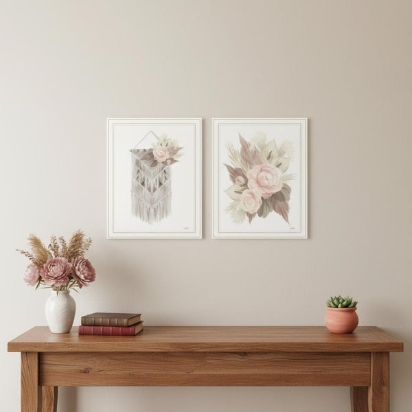 HomeRoots Set of Two Bohemian Macrame & Floral Wall Art Prints in Elegant White Frames for Modern Decor 568539