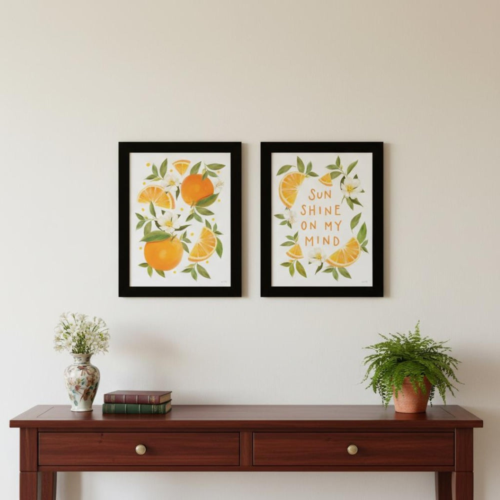 HomeRoots Set of Two "Sunshine on My Mind" Vibrant Orange Framed Wall Art for Chic Home Décor & Easy Styling 568543