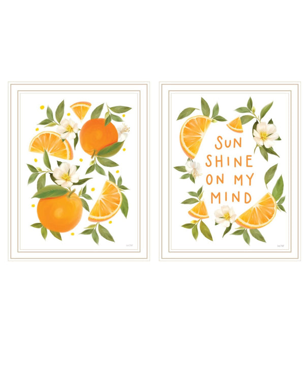 HomeRoots Set of Two "Sunshine on My Mind" Cheerful Orange Wall Art Prints in White Frames for Bright Spaces 568545