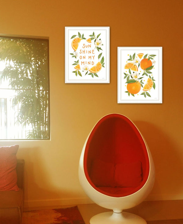 HomeRoots Set of Two "Sunshine on My Mind" Cheerful Orange Wall Art Prints in White Frames for Bright Spaces 568545