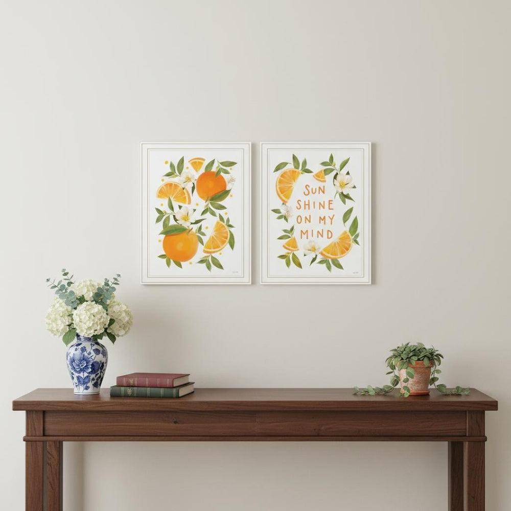 HomeRoots Set of Two "Sunshine on My Mind" Cheerful Orange Wall Art Prints in White Frames for Bright Spaces 568545