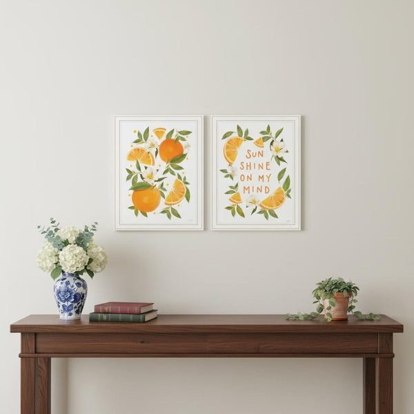 HomeRoots Set of Two "Sunshine on My Mind" Cheerful Orange Wall Art Prints in White Frames for Bright Spaces 568545