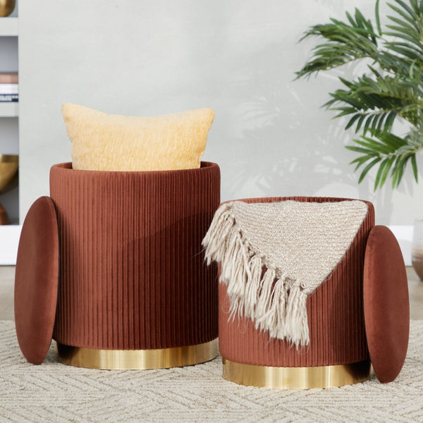 English Elm Nesting Pleated Velvet Ottoman Pair with Polished Gold Base Glam Living Room Accent B202P471509