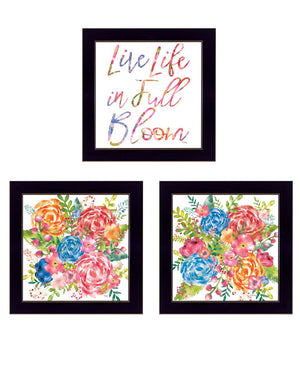 HomeRoots Set of Three "Live Life in FULL Bloom!" Framed Wall Art Prints for Uplifting Home Decor Style 568568