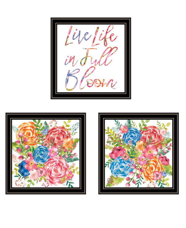 HomeRoots Set of Three "Live Life in FULL Bloom!" Framed Floral Wall Art for Vibrant Home Décor Display 568569