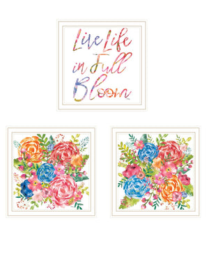 HomeRoots Set of Three Uplifting "Live Life in FULL Bloom!" Framed Floral Art Prints for Vibrant Decor 568570