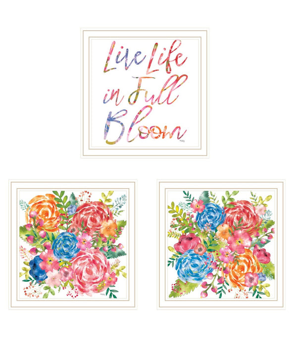 HomeRoots Set of Three Uplifting "Live Life in FULL Bloom!" Framed Floral Art Prints for Vibrant Decor 568570