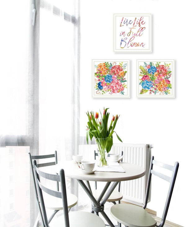 HomeRoots Set of Three Uplifting "Live Life in FULL Bloom!" Framed Floral Art Prints for Vibrant Decor 568570
