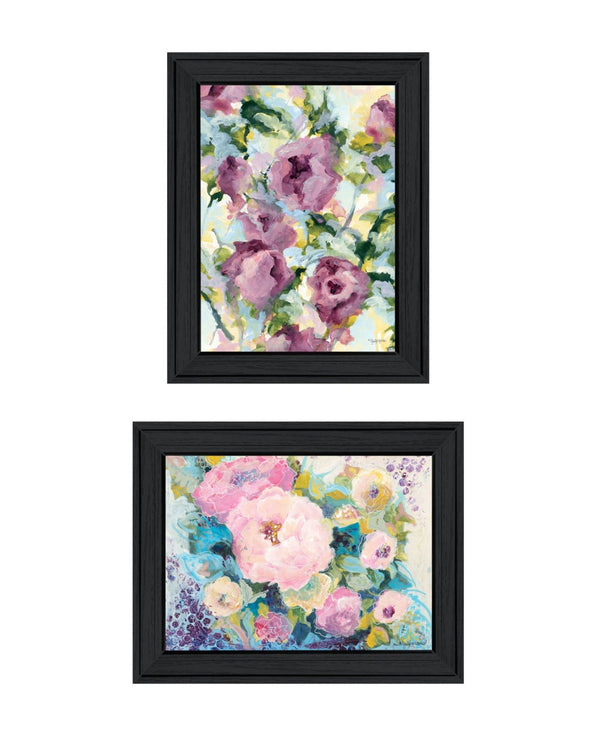 HomeRoots Set of Two Abstract Floral Prints in Black Frames - Modern Wall Art for Elegant Home Decor 568571