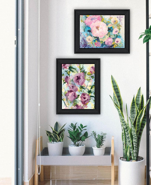 HomeRoots Set of Two Abstract Floral Prints in Black Frames - Modern Wall Art for Elegant Home Decor 568571