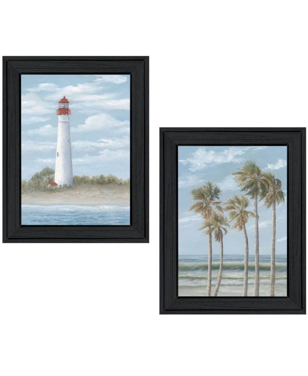 HomeRoots Set of Two Coastal Cape May Lighthouse & Palm Tree Framed Wall Art - Beachy Home Decor Prints 568579