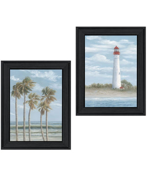 HomeRoots Set of Two Coastal Cape May Lighthouse & Palm Tree Framed Wall Art - Beachy Home Decor Prints 568579