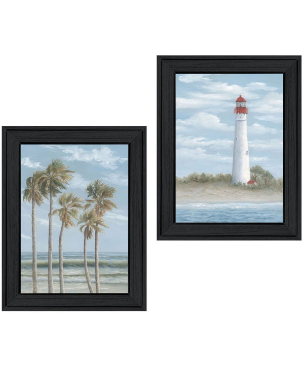 HomeRoots Set of Two Coastal Cape May Lighthouse & Palm Tree Framed Wall Art - Beachy Home Decor Prints 568579