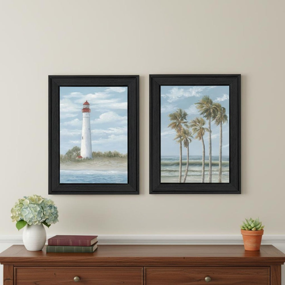 HomeRoots Set of Two Coastal Cape May Lighthouse & Palm Tree Framed Wall Art - Beachy Home Decor Prints 568579