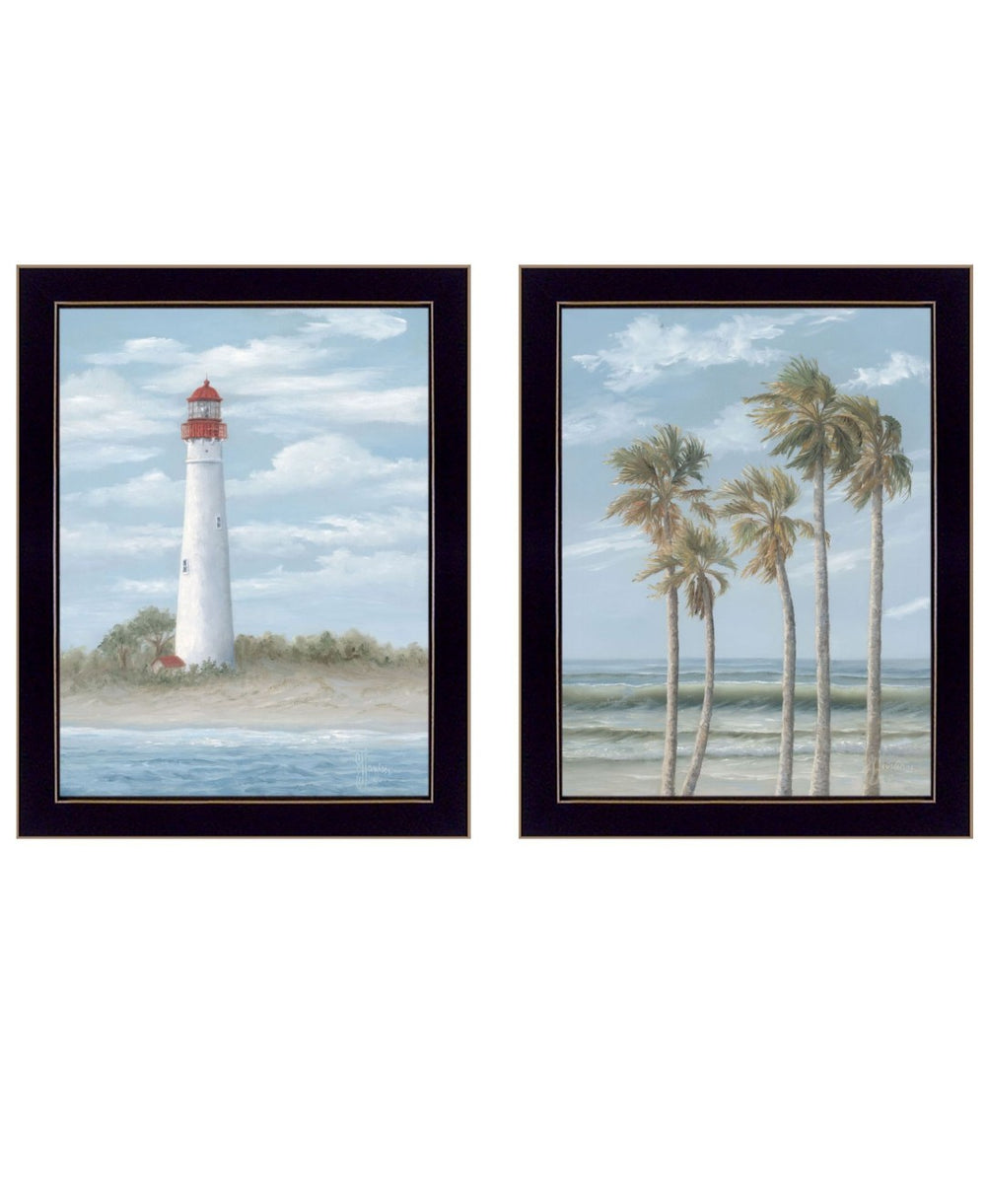 HomeRoots Set of Two Coastal Cape May Lighthouse & Palm Trees Framed Wall Art - Stylish Beach Decor 568580
