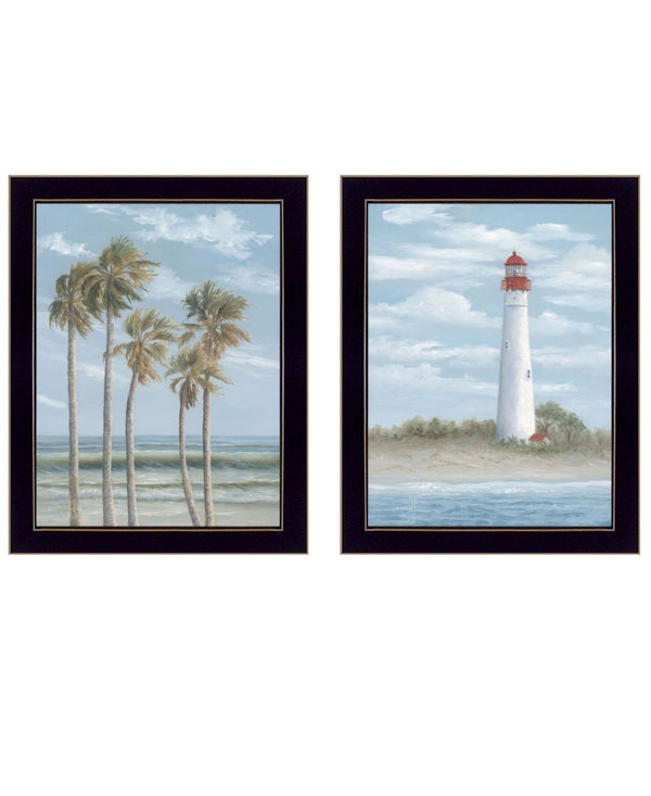 HomeRoots Set of Two Coastal Cape May Lighthouse & Palm Trees Framed Wall Art - Stylish Beach Decor 568580