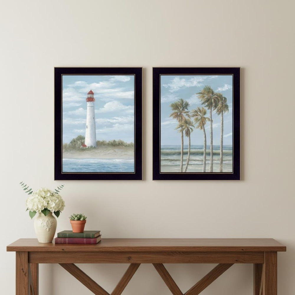 HomeRoots Set of Two Coastal Cape May Lighthouse & Palm Trees Framed Wall Art - Stylish Beach Decor 568580