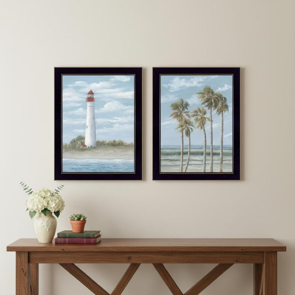HomeRoots Set of Two Coastal Cape May Lighthouse & Palm Trees Framed Wall Art - Stylish Beach Decor 568580