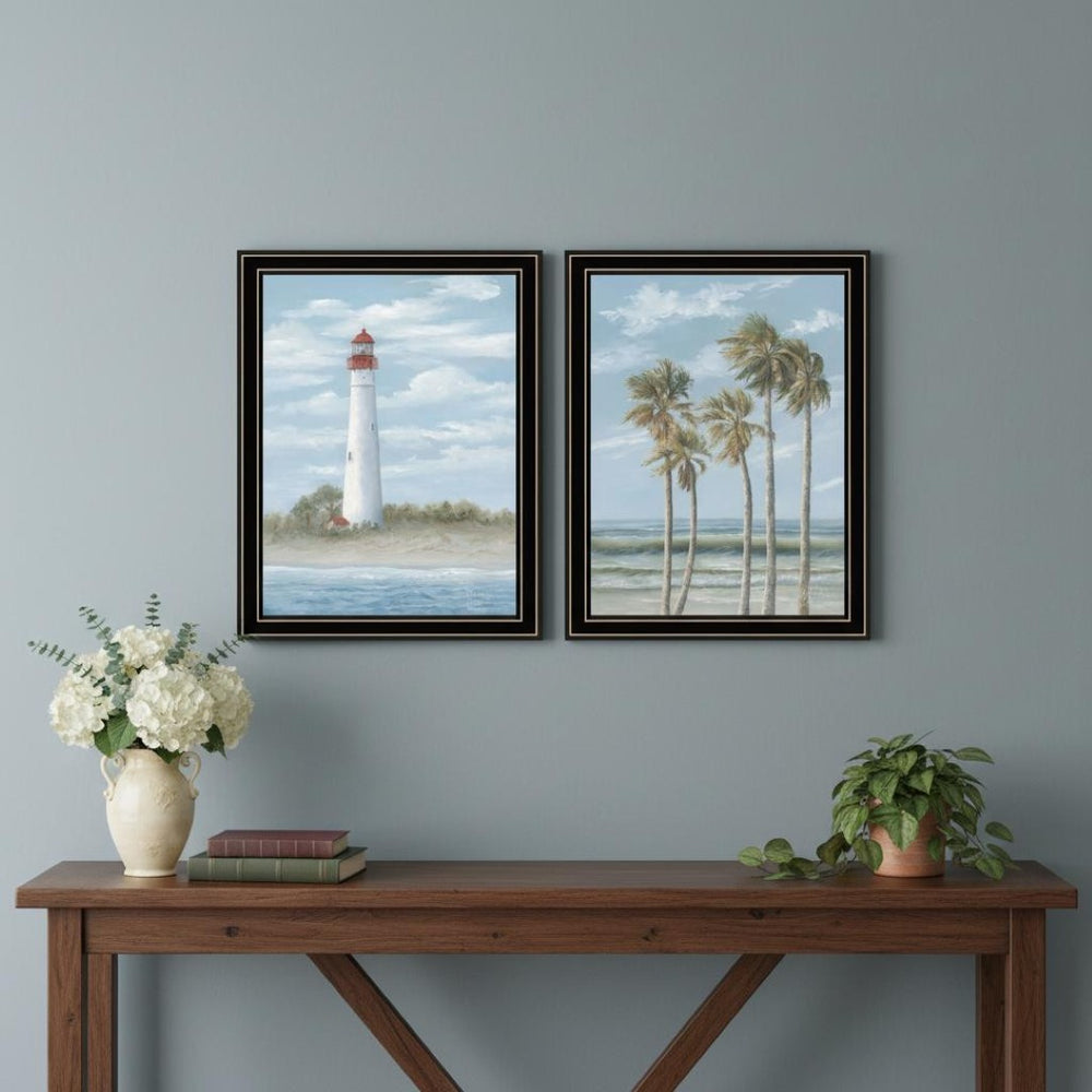 HomeRoots Set of Two Coastal Cape May Lighthouse and Palm Trees Framed Art for Breezy Home Décor Vibe 568581