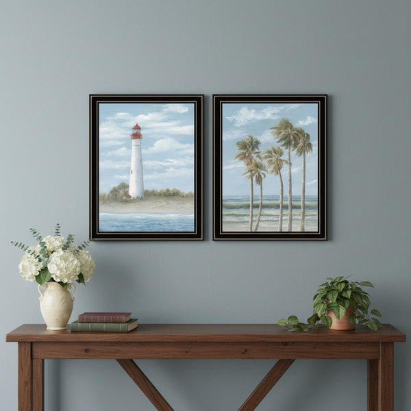 HomeRoots Set of Two Coastal Cape May Lighthouse and Palm Trees Framed Art for Breezy Home Décor Vibe 568581
