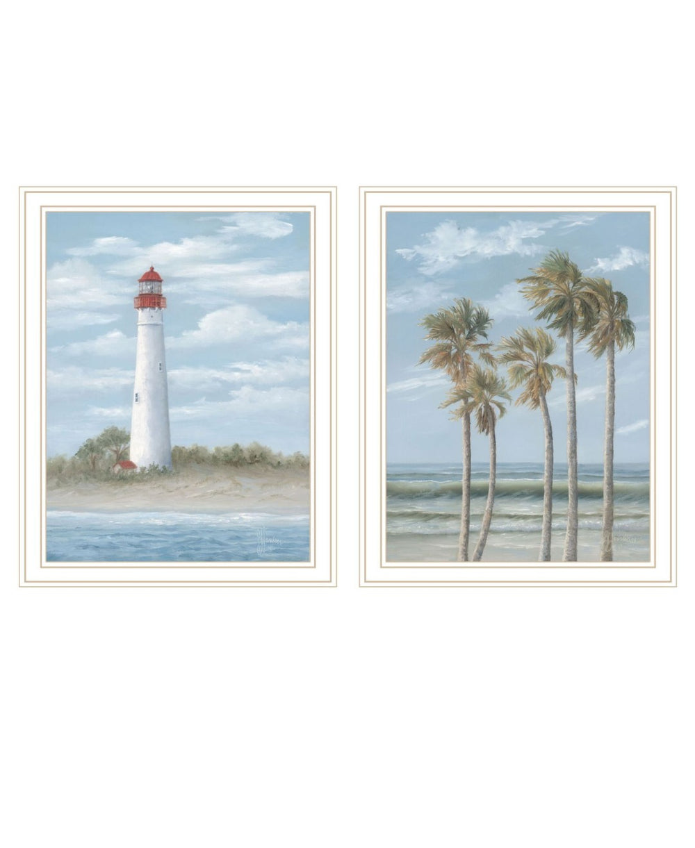 HomeRoots Set of Two Coastal Cape May Lighthouse and Palm Trees Framed Wall Art for Beachy Home Decor 568582