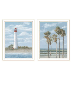 HomeRoots Set of Two Coastal Cape May Lighthouse and Palm Trees Framed Wall Art for Beachy Home Decor 568582