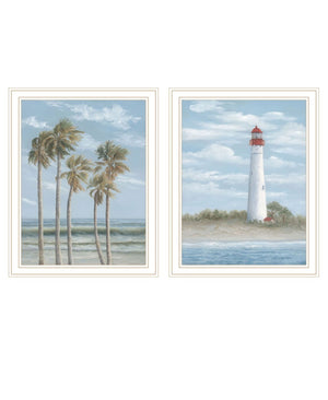HomeRoots Set of Two Coastal Cape May Lighthouse and Palm Trees Framed Wall Art for Beachy Home Decor 568582