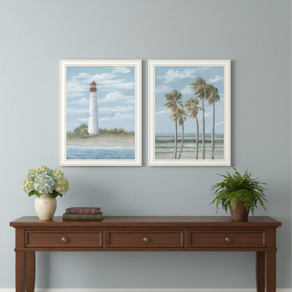 HomeRoots Set of Two Coastal Cape May Lighthouse and Palm Trees Framed Wall Art for Beachy Home Decor 568582