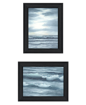 HomeRoots Set of Two "The Ocean Blue - High Tide at Sunset" Elegant Black Framed Coastal Wall Art Prints 568583