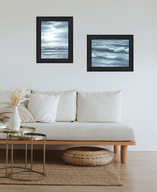 HomeRoots Set of Two "The Ocean Blue - High Tide at Sunset" Elegant Black Framed Coastal Wall Art Prints 568583