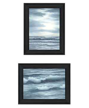 HomeRoots Set of Two "The Ocean Blue - High Tide at Sunset" Elegant Black Framed Coastal Wall Art Prints 568583