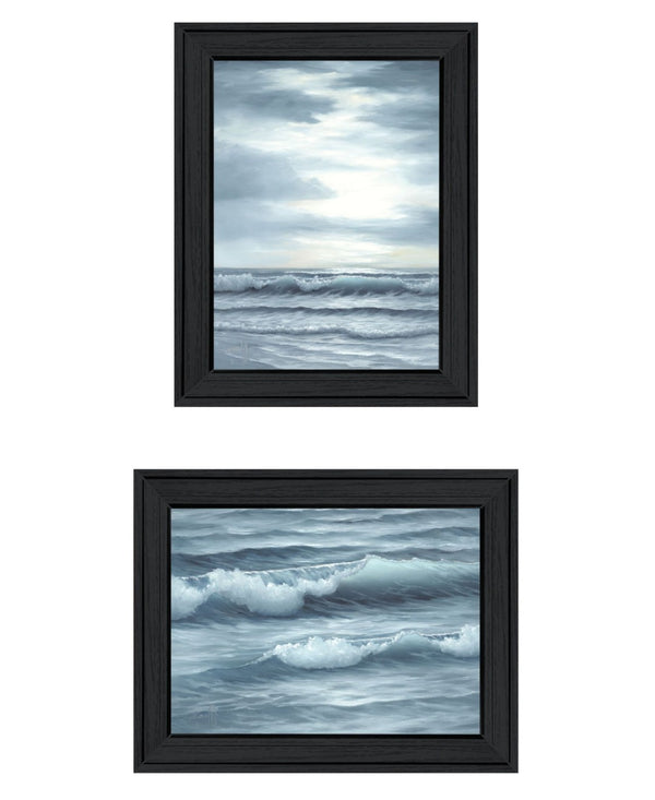 HomeRoots Set of Two "The Ocean Blue - High Tide at Sunset" Elegant Black Framed Coastal Wall Art Prints 568583