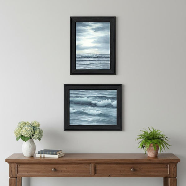 HomeRoots Set of Two "The Ocean Blue - High Tide at Sunset" Elegant Black Framed Coastal Wall Art Prints 568583