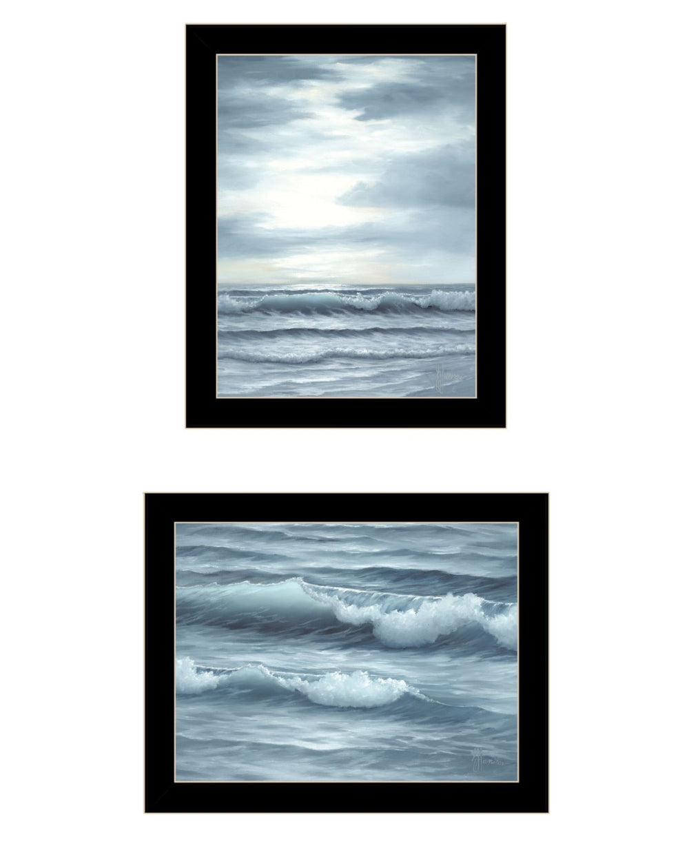 HomeRoots Set of Two "The Ocean Blue - High Tide at Sunset" Framed Wall Art for Coastal-Inspired Décor 568584