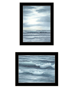 HomeRoots Set of Two "The Ocean Blue - High Tide at Sunset" Framed Wall Art for Coastal-Inspired Décor 568584