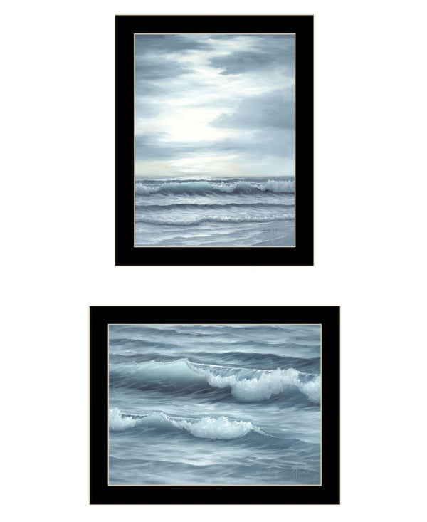 HomeRoots Set of Two "The Ocean Blue - High Tide at Sunset" Framed Wall Art for Coastal-Inspired Décor 568584