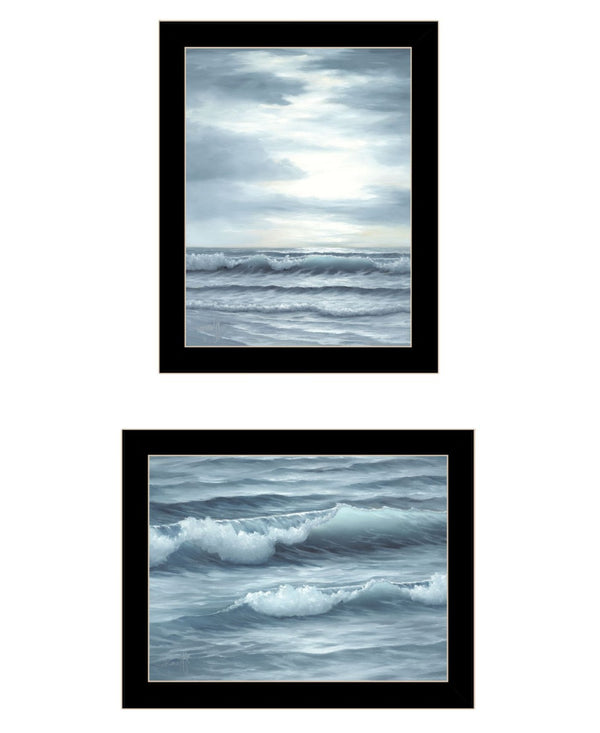 HomeRoots Set of Two "The Ocean Blue - High Tide at Sunset" Framed Wall Art for Coastal-Inspired Décor 568584