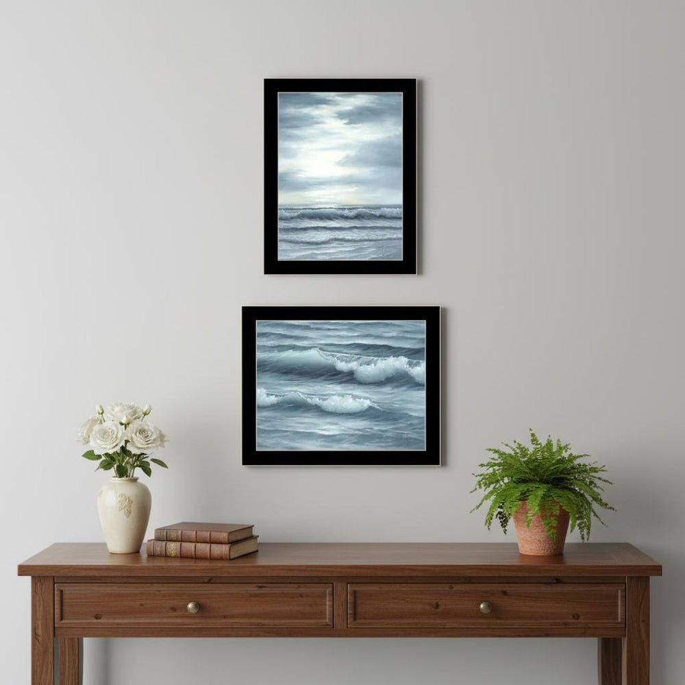 HomeRoots Set of Two "The Ocean Blue - High Tide at Sunset" Framed Wall Art for Coastal-Inspired Décor 568584
