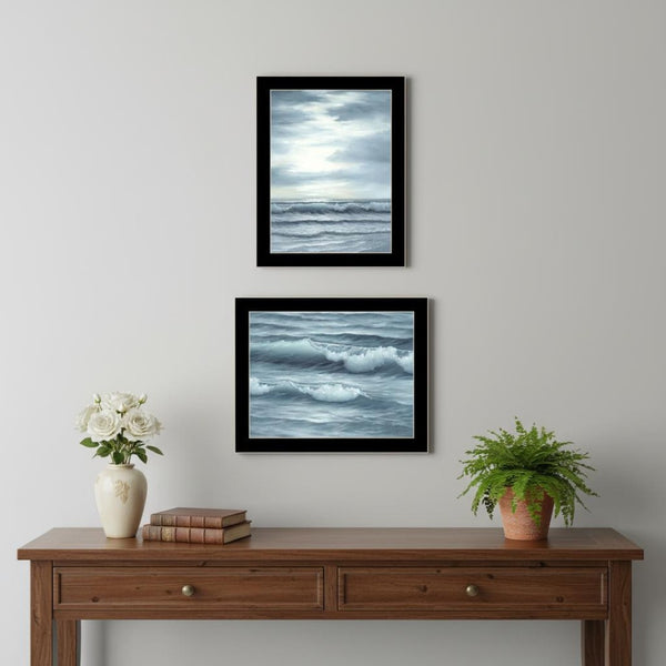 HomeRoots Set of Two "The Ocean Blue - High Tide at Sunset" Framed Wall Art for Coastal-Inspired Décor 568584