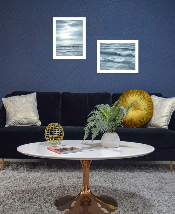 HomeRoots Set Of Two "The Ocean Blue" Framed Wall Art – Serene Sunset Coastal Decor for Modern Spaces 568587