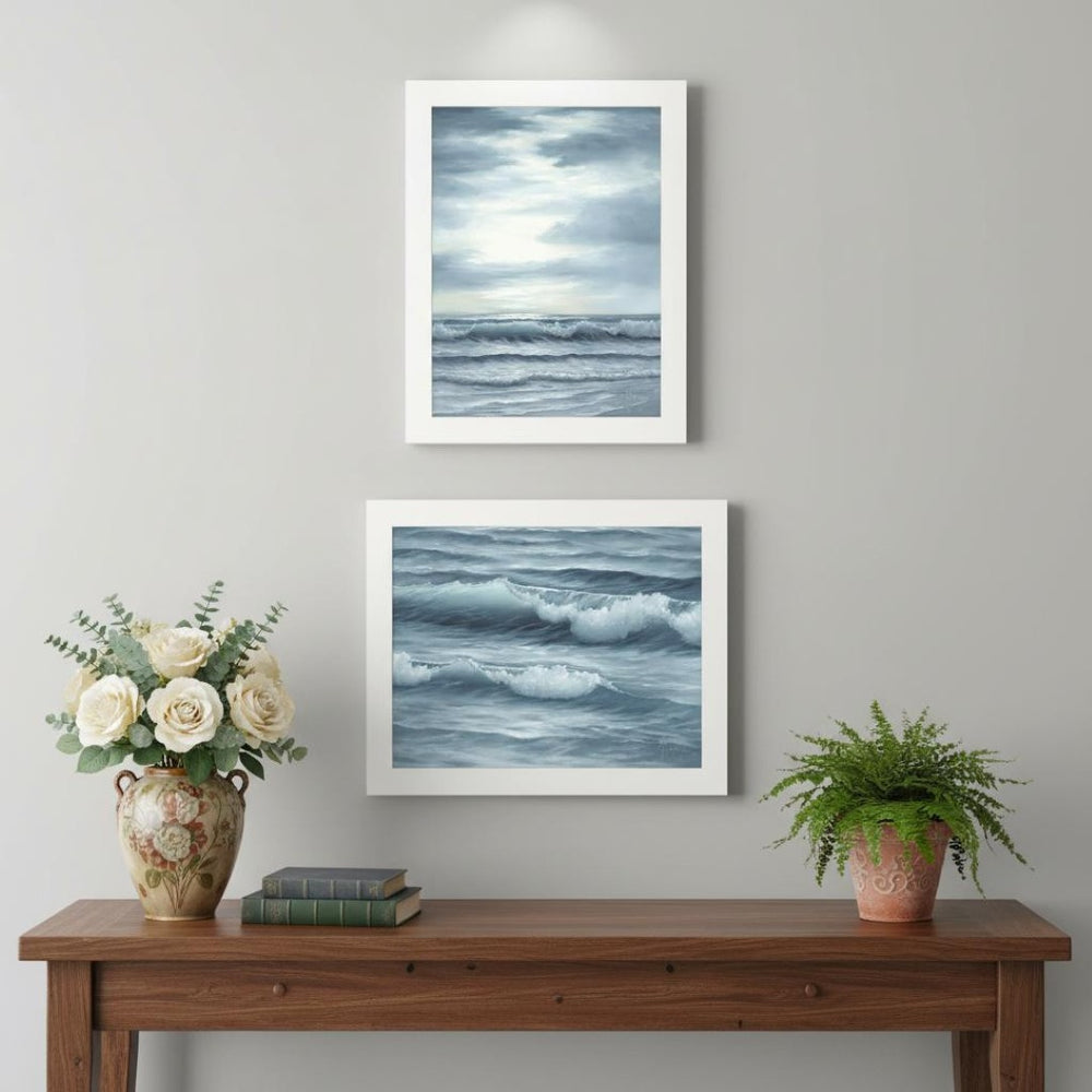 HomeRoots Set Of Two "The Ocean Blue" Framed Wall Art – Serene Sunset Coastal Decor for Modern Spaces 568587