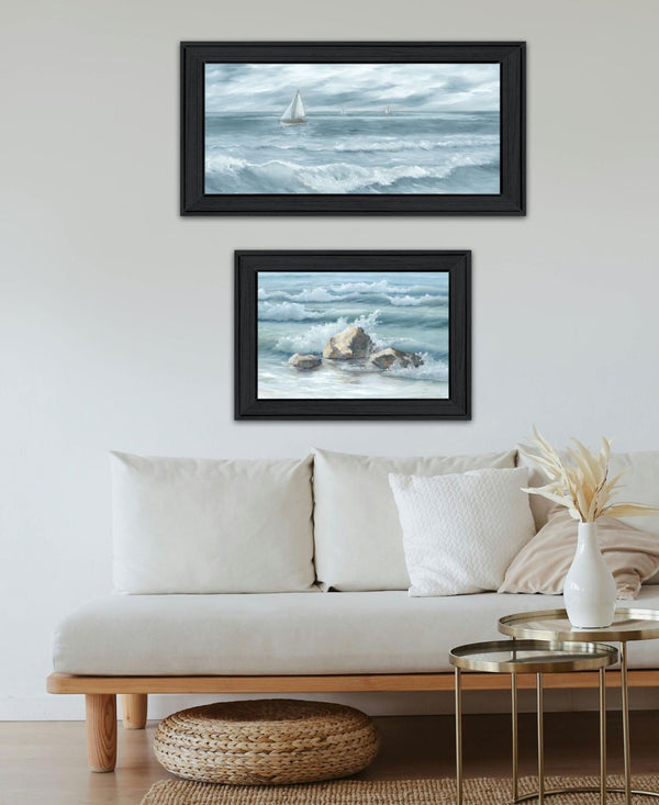 HomeRoots Set of Two Black Framed Wall Art Prints - "Steadfast in the Waves" for a Coastal Serenity Look 568592